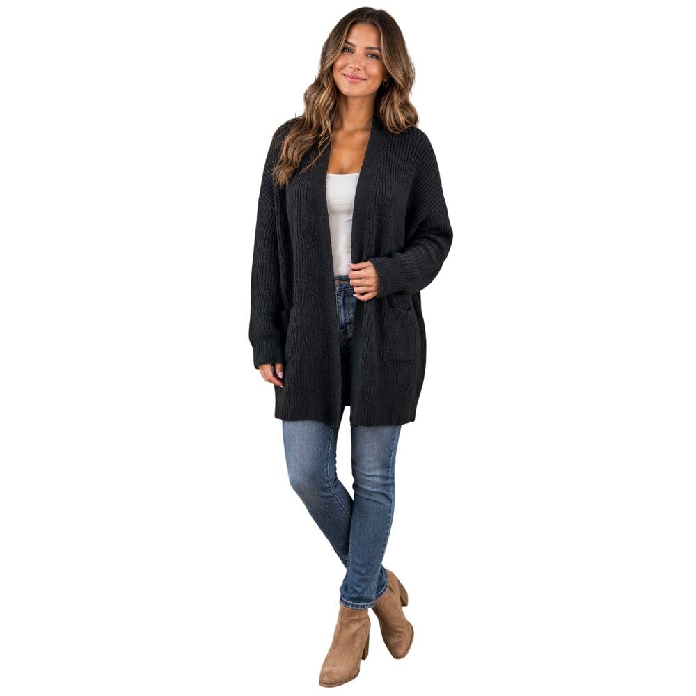 Caslon 1X black furry tunic length open cardigan sweater winter warm teacher
